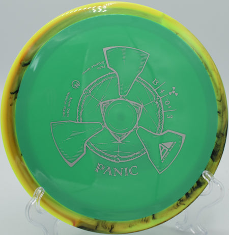 A disc golfer trusting a Neutron Panic for a controlled hyzer at Trophy Club Disc Golf Course in Trophy Club, Texas.