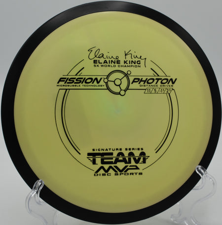 An MVP Fission Photon soaring down an open fairway at Crystal Mountain Disc Golf Course in Thompsonville, Michigan.