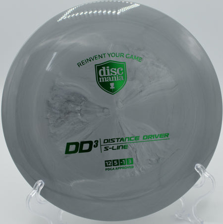 "Close-up of the S-Line DD3 disc golf driver with a premium S-Line plastic finish, showcased at White River Disc Golf Course in Auburn, WA."
