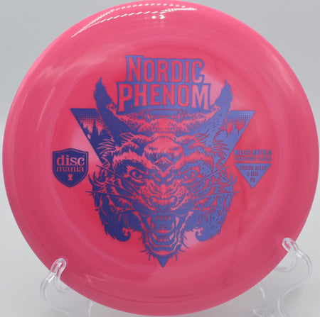 "Nordic Phenom S-Line PD disc golf driver in vibrant colors, captured on a scenic tee pad at Milo McIver Disc Golf Course in Estacada, OR."
