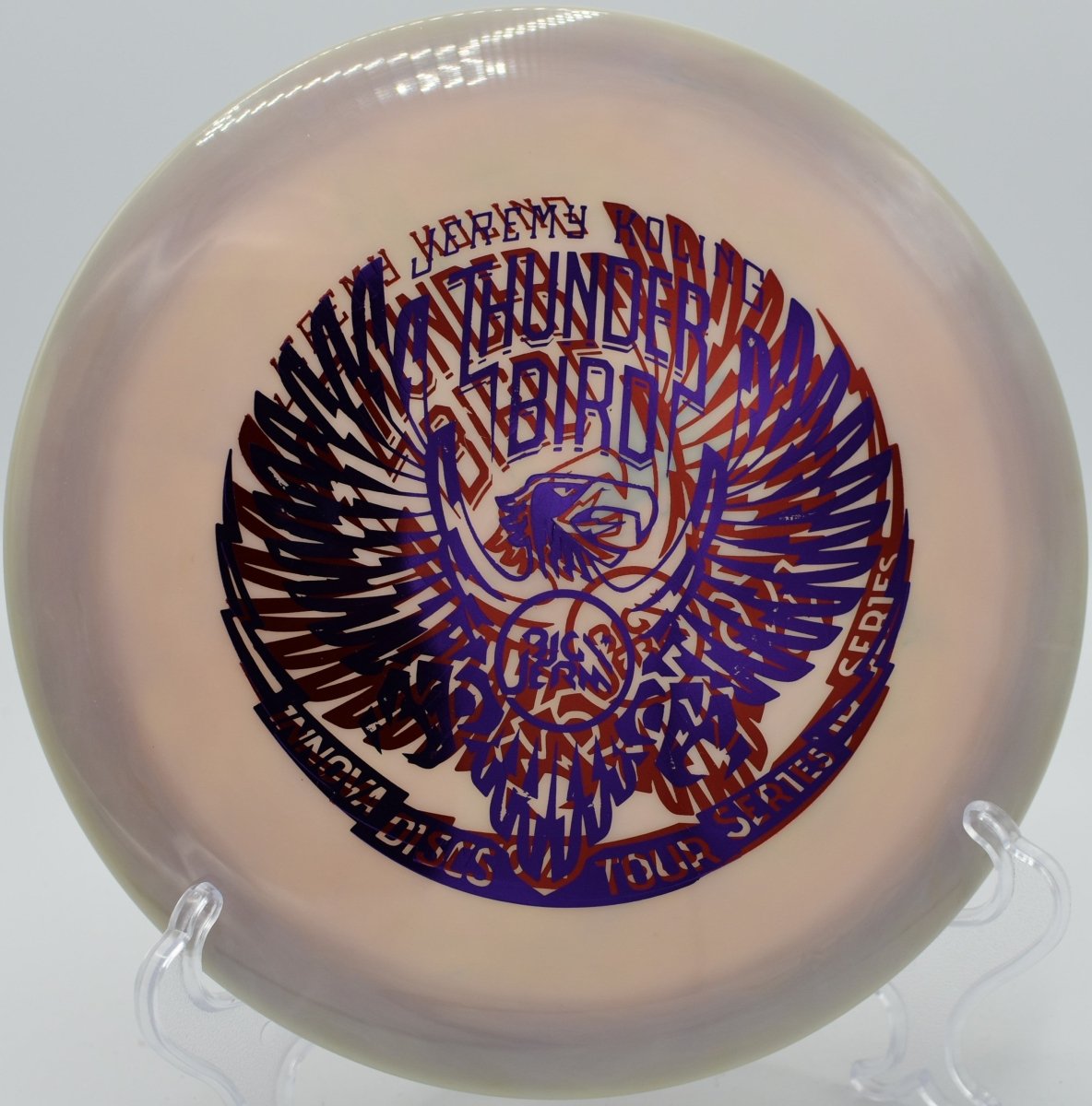 Koling Thunderbird driven on a controlled hyzer at Shawnee Mission Park Disc Golf Course in Lenexa, Kansas, pushing forward with glide before finishing with trusted fairway fade