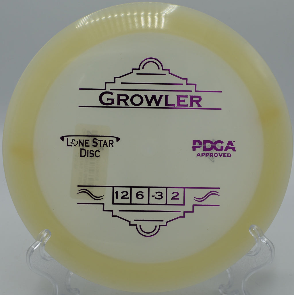 "Glow Growler disc gliding through the air under the evening sky in Las Vegas, Nevada, perfect for night rounds and controlled throws."
