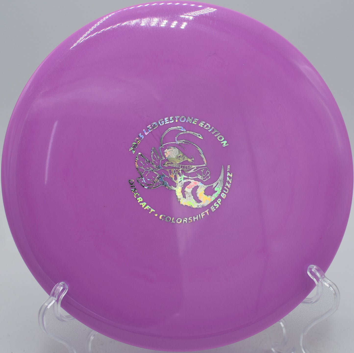 Colorshift ESP Buzzz thrown flat on a wooded fairway at Idlewild Disc Golf Course in Burlington, Kentucky