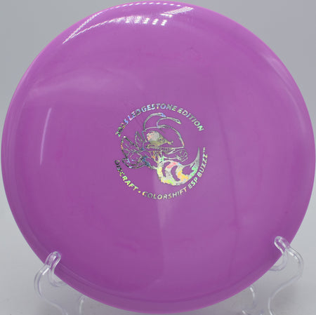 Colorshift ESP Buzzz thrown flat on a wooded fairway at Idlewild Disc Golf Course in Burlington, Kentucky