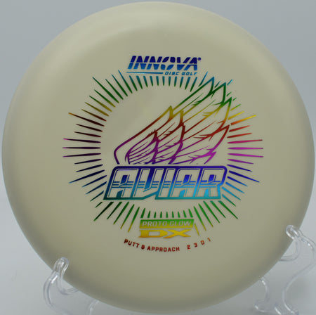 Proto Glow DX Aviar glowing on a circle one putt at Indian Camp Creek Disc Golf Course in Foristell, Missouri.

