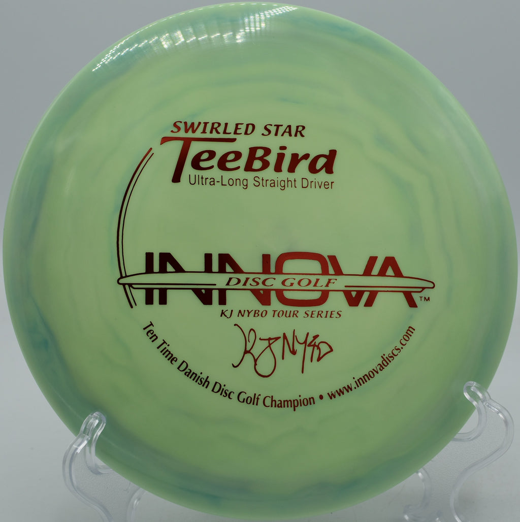 Swirled Star TeeBird ripping across the open fairway at O’Brien Disc Golf Course in Downers Grove, Illinois.