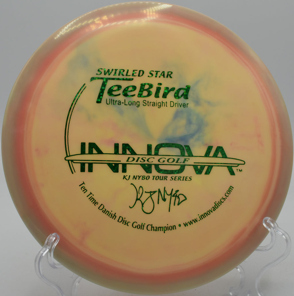Accurate fairway drive with a Swirled Star TeeBird at Trophy Club Park Disc Golf Course in Trophy Club, Texas.