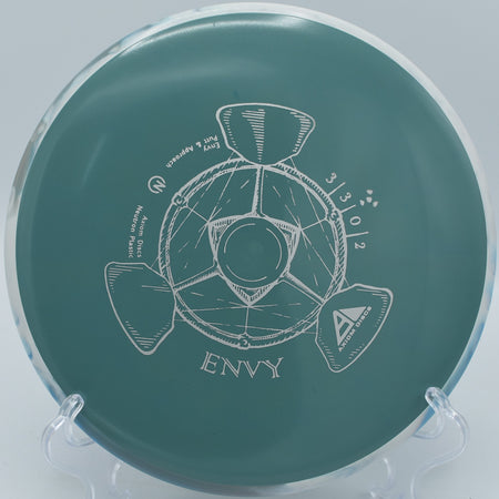 Smooth forehand flick with a Neutron Envy landing softly inside Circle 1 at DeLaveaga Disc Golf Course.

