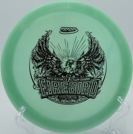 Night round forehand rip with a Color Glow Firebird at Treehouz Disc Golf Course in Branson, Missouri.

