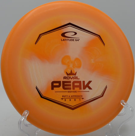 Close-up of the Sense Peak’s rim and stamp at Trophy Lakes DGC in Johns Island, South Carolina.

