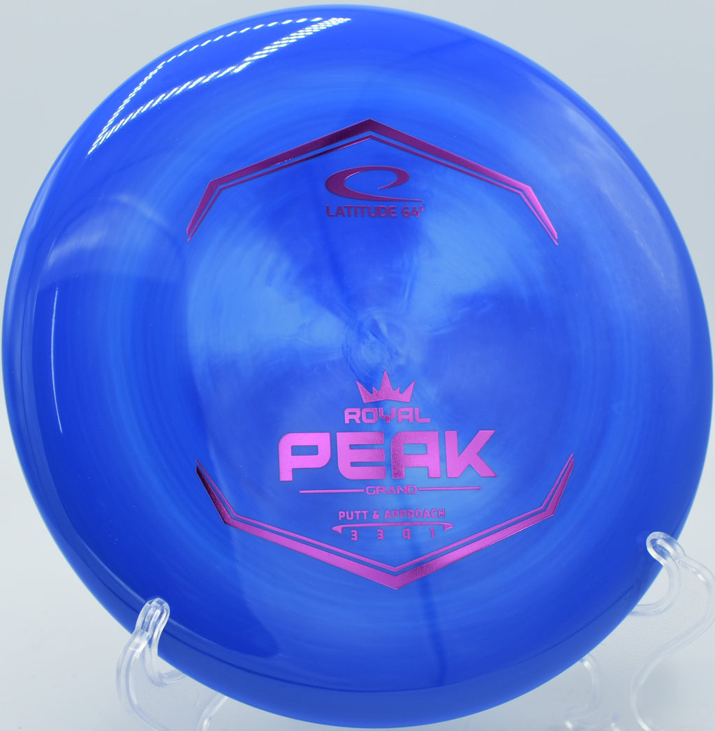 Grand plastic Latitude 64 Peak thrown flat on an approach at DeLaveaga Disc Golf Course in Santa Cruz, California.

