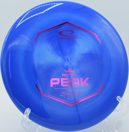 Grand plastic Latitude 64 Peak thrown flat on an approach at DeLaveaga Disc Golf Course in Santa Cruz, California.


