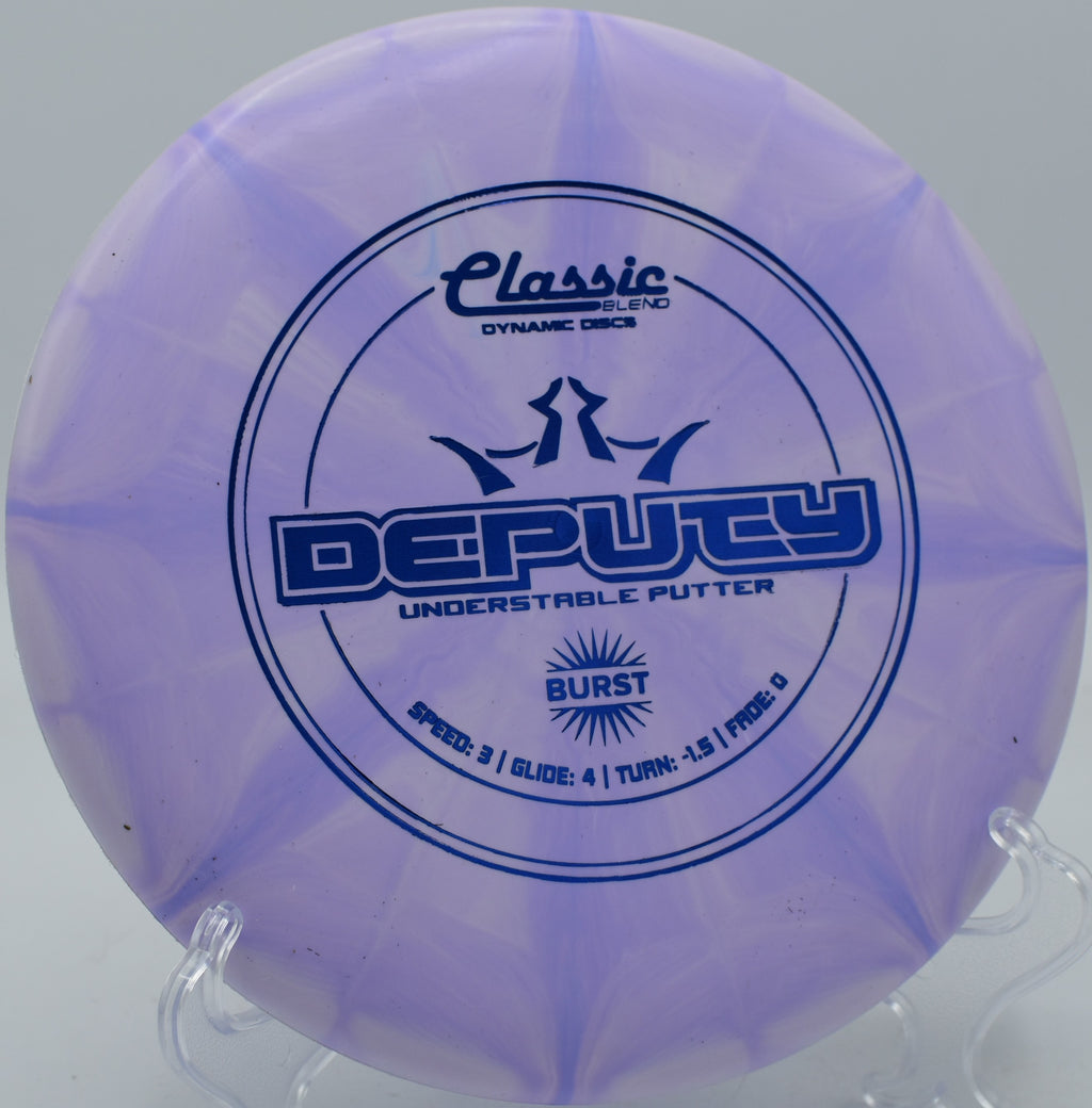 Close-up of Classic Blend Burst Deputy’s colorful swirls before a putt at Brickyard Disc Golf Course in Menan, Idaho.

