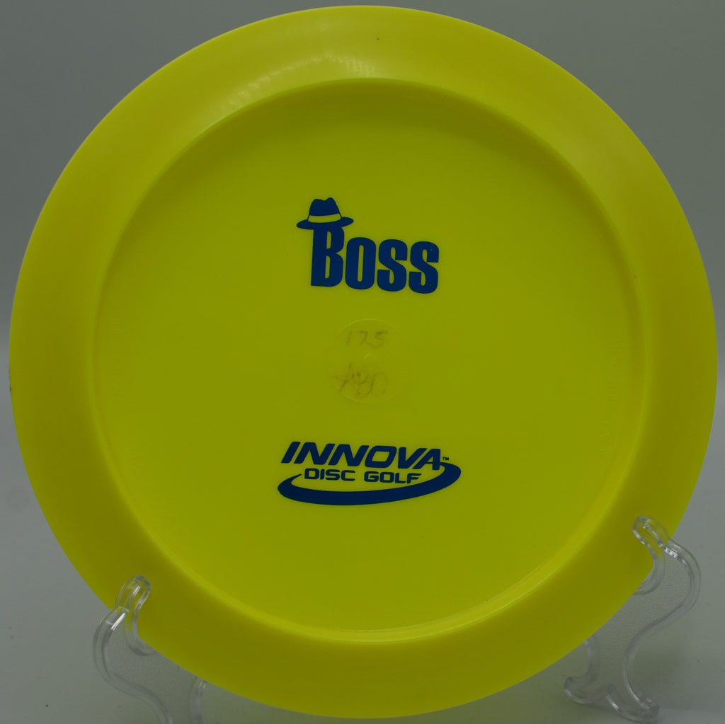 "Close-up of Innova Star Boss disc golf driver, ideal for powerful throws in Austin, TX, and dependable performance in windy conditions."







