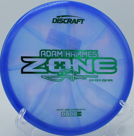 Discraft Z Swirl Zone skipping left on a fast green at Maple Hill in Leicester, Massachusetts.

