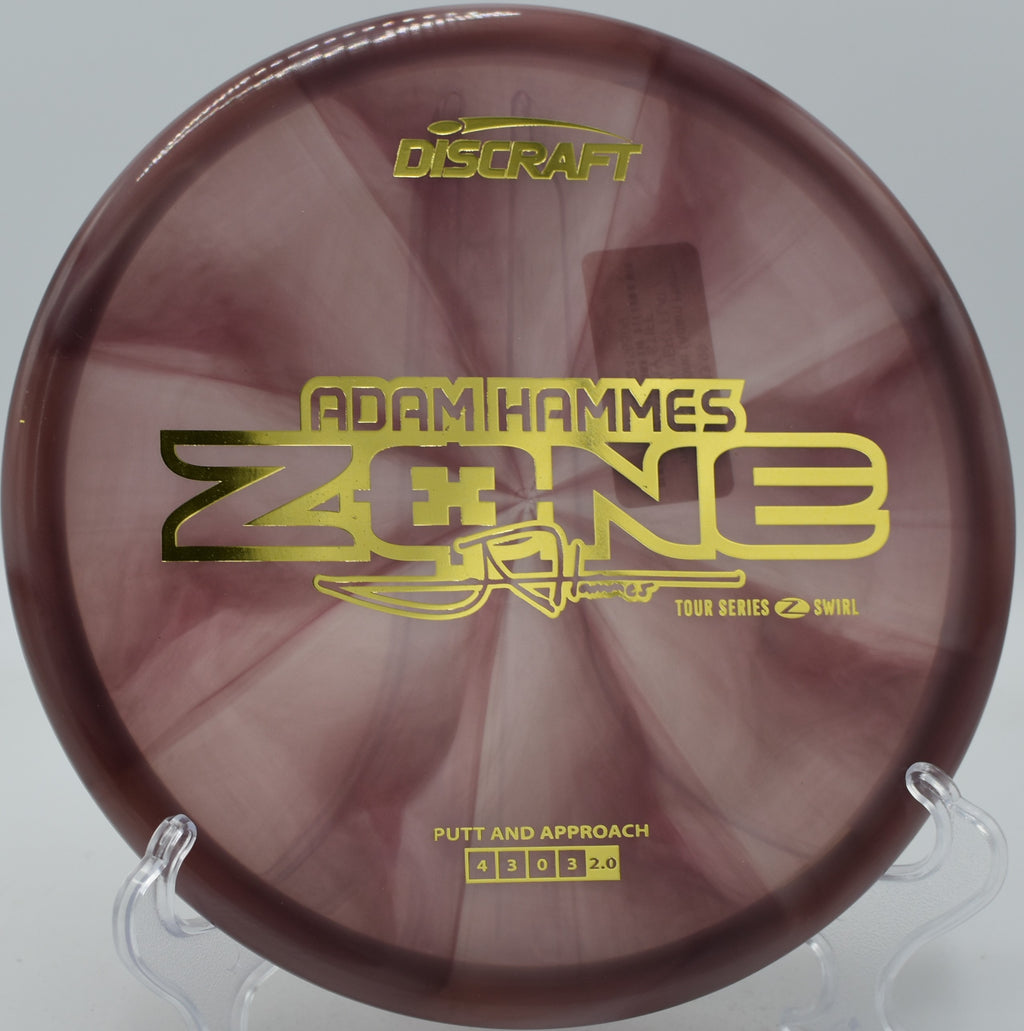 Discraft Z Swirl Zone thrown forehand off the tee at Sunset Hills DGC in Pekin, Illinois.

