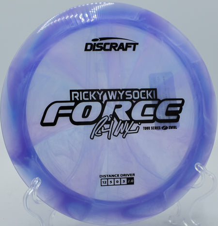Discraft Z Swirl Force ripping on a max-power forehand at Eagles Crossing in Hawk Point, Missouri.

