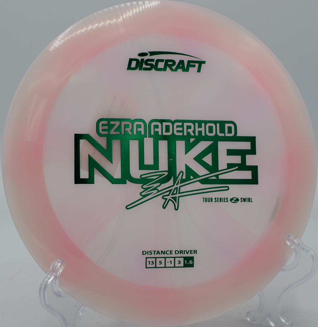 Discraft Z Swirl Nuke launched on a max-power backhand at Milo McIver State Park in Estacada, Oregon.

