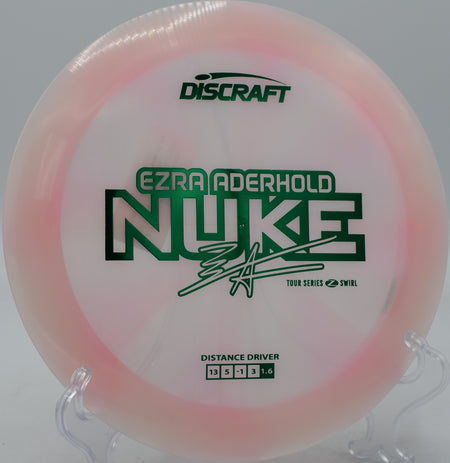 Discraft Z Swirl Nuke launched on a max-power backhand at Milo McIver State Park in Estacada, Oregon.

