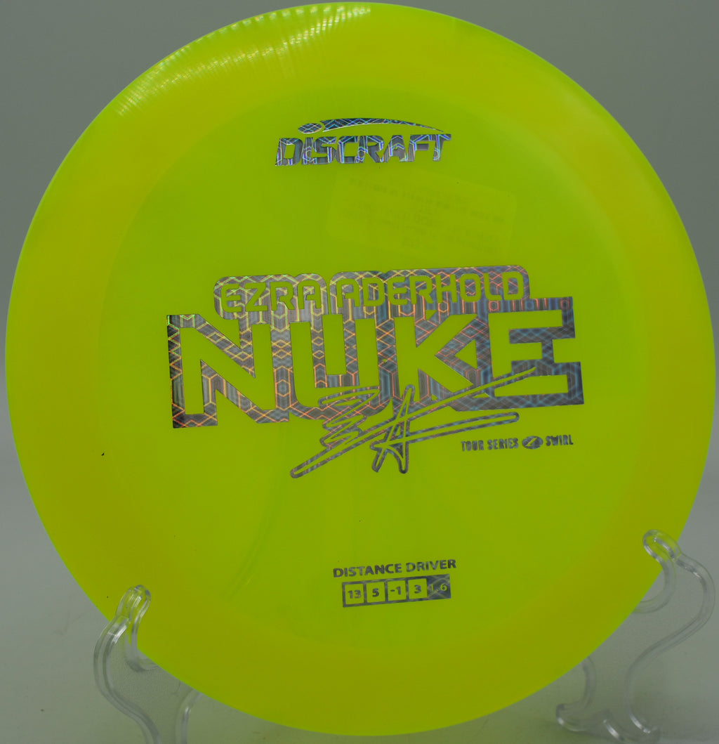 Swirled Nuke caught mid-flight against overcast skies at Sunset Park DGC in Las Vegas, Nevada.

