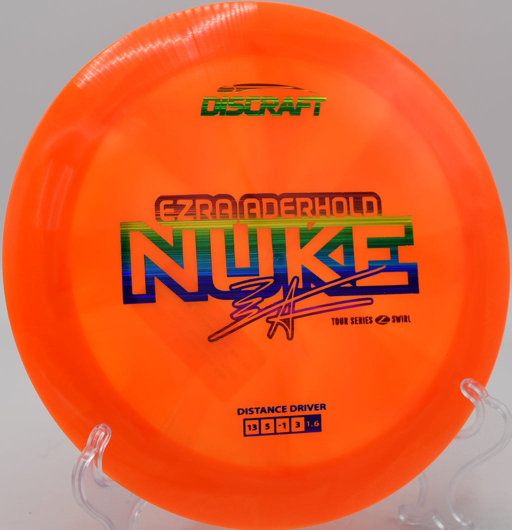 Z Swirl Nuke flying long and low over the fairway at Rock Ridge Disc Golf Course in Pittsboro, North Carolina.

