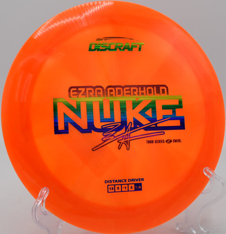 Z Swirl Nuke flying long and low over the fairway at Rock Ridge Disc Golf Course in Pittsboro, North Carolina.

