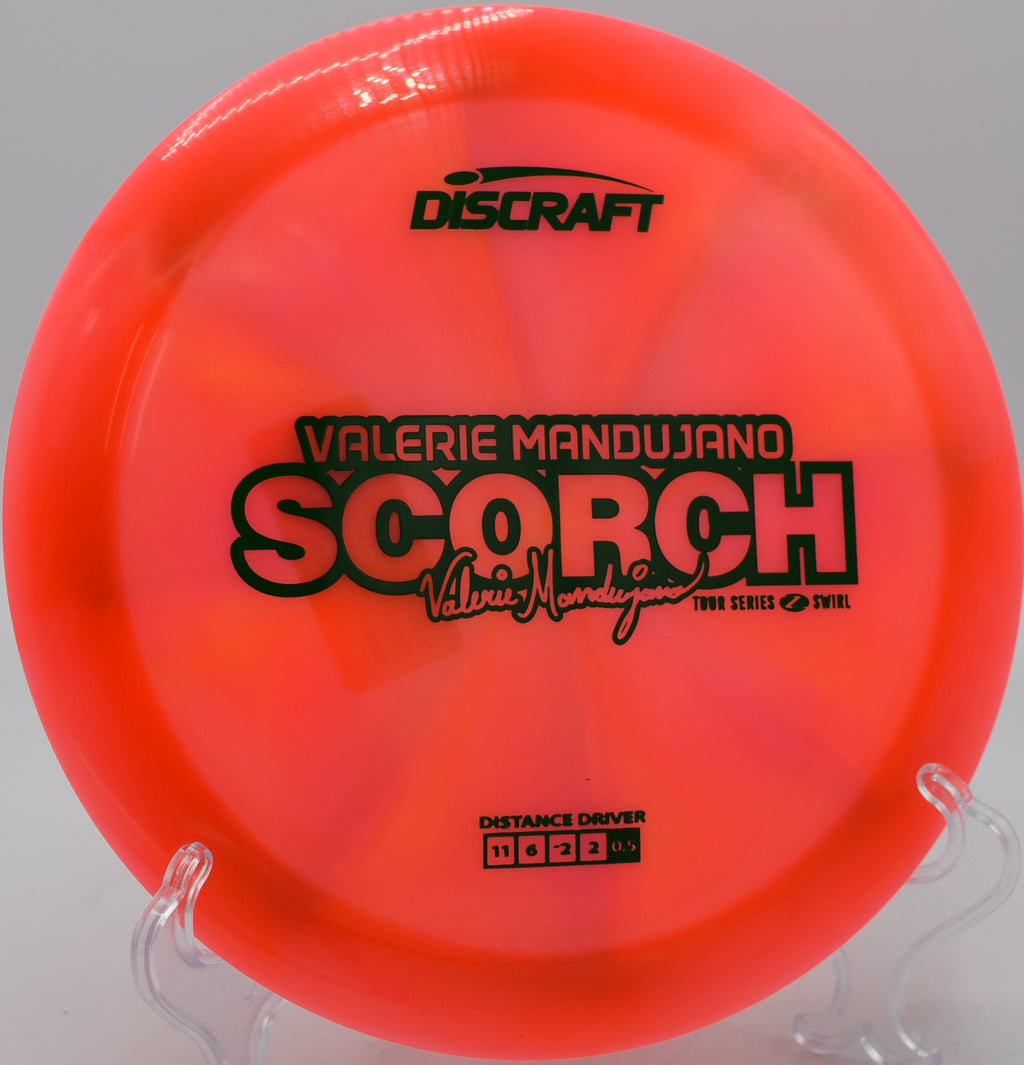 Swirled Z Scorch tracking straight before fading gently at Eagle Island Disc Golf Course in Eagle, Idaho.

