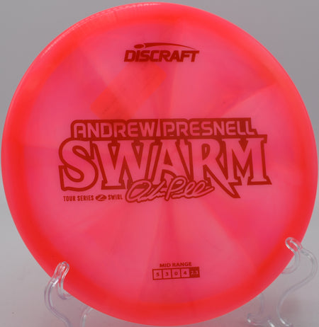 Discraft Z Swirl Swarm holding a strong hyzer line into a headwind at Maple Hill Disc Golf Course in Leicester, Massachusetts.

