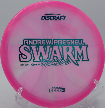 Z Swirl Swarm landing softly near the basket on a short forehand at Panther Creek DGC in Springfield, Illinois.

