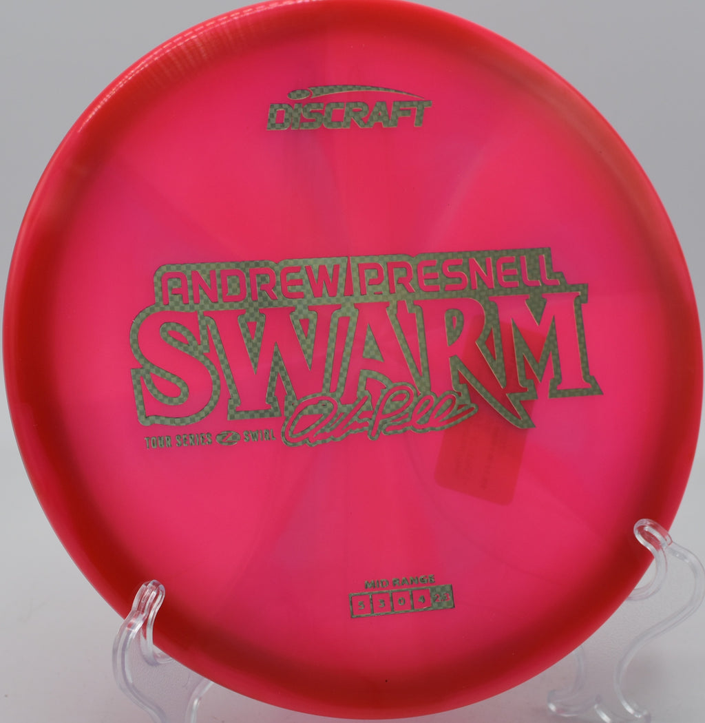 Discraft Swarm in Z Swirl plastic fading hard on a midrange flex line at Harmony Bends in Columbia, Missouri.

