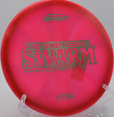 Discraft Swarm in Z Swirl plastic fading hard on a midrange flex line at Harmony Bends in Columbia, Missouri.

