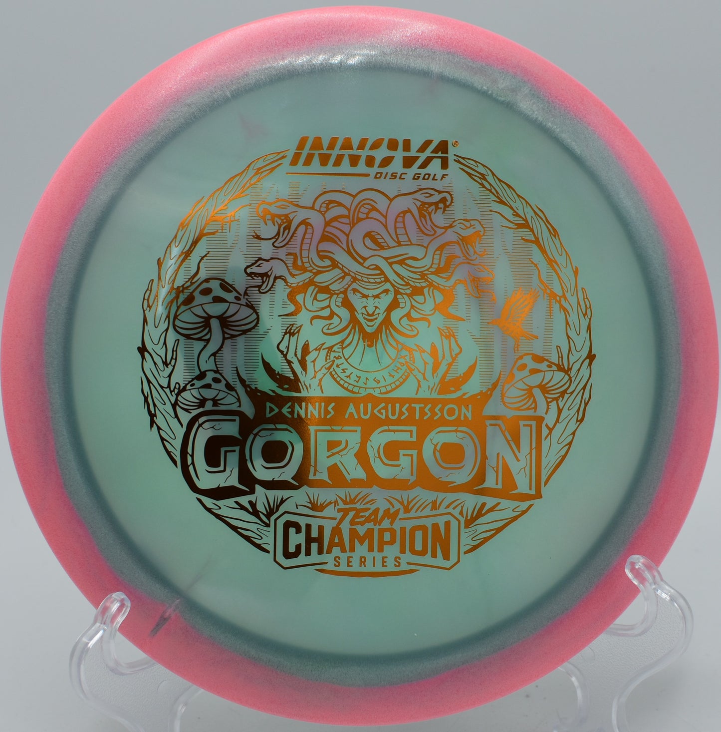 "Innova Proto-Glow Champion Halo Gorgon, a straight-gliding distance driver, now available at Flexline Discs."
