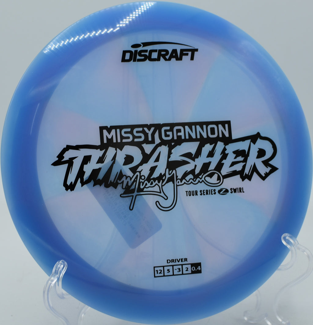 Close-up of a Z Swirl Thrasher’s swirled rim at Glenwood Springs Disc Golf Course in Colorado.

