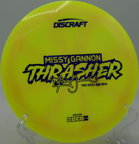 Discraft Z Swirl Thrasher riding a turnover line toward the green at Flip City in Shelby, Michigan.

