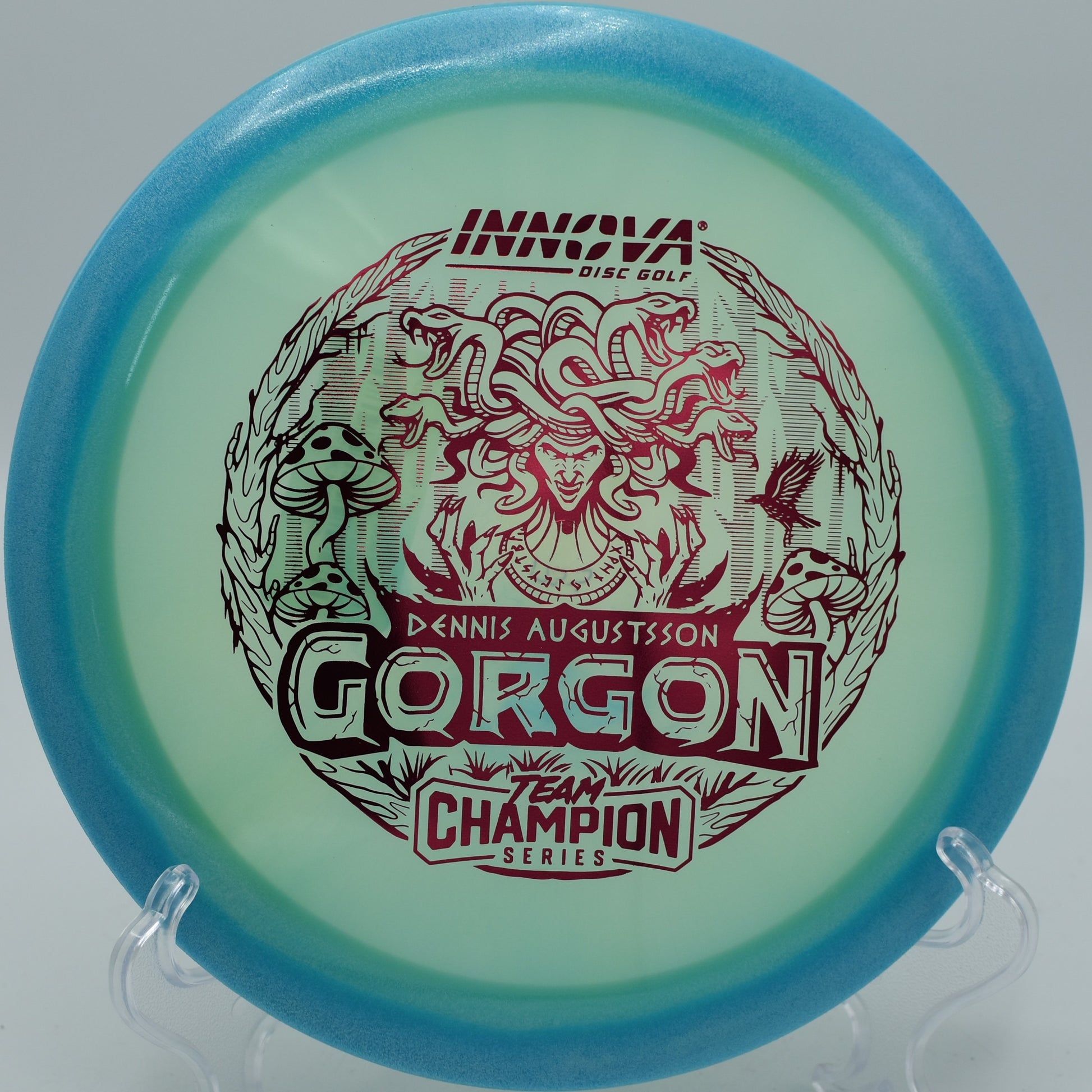 "Innova Proto-Glow Champion Halo Gorgon, the perfect disc for shaping long fairways, now in San Antonio, TX."
