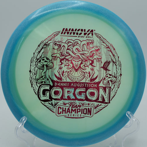 "Innova Proto-Glow Champion Halo Gorgon, the perfect disc for shaping long fairways, now in San Antonio, TX."
