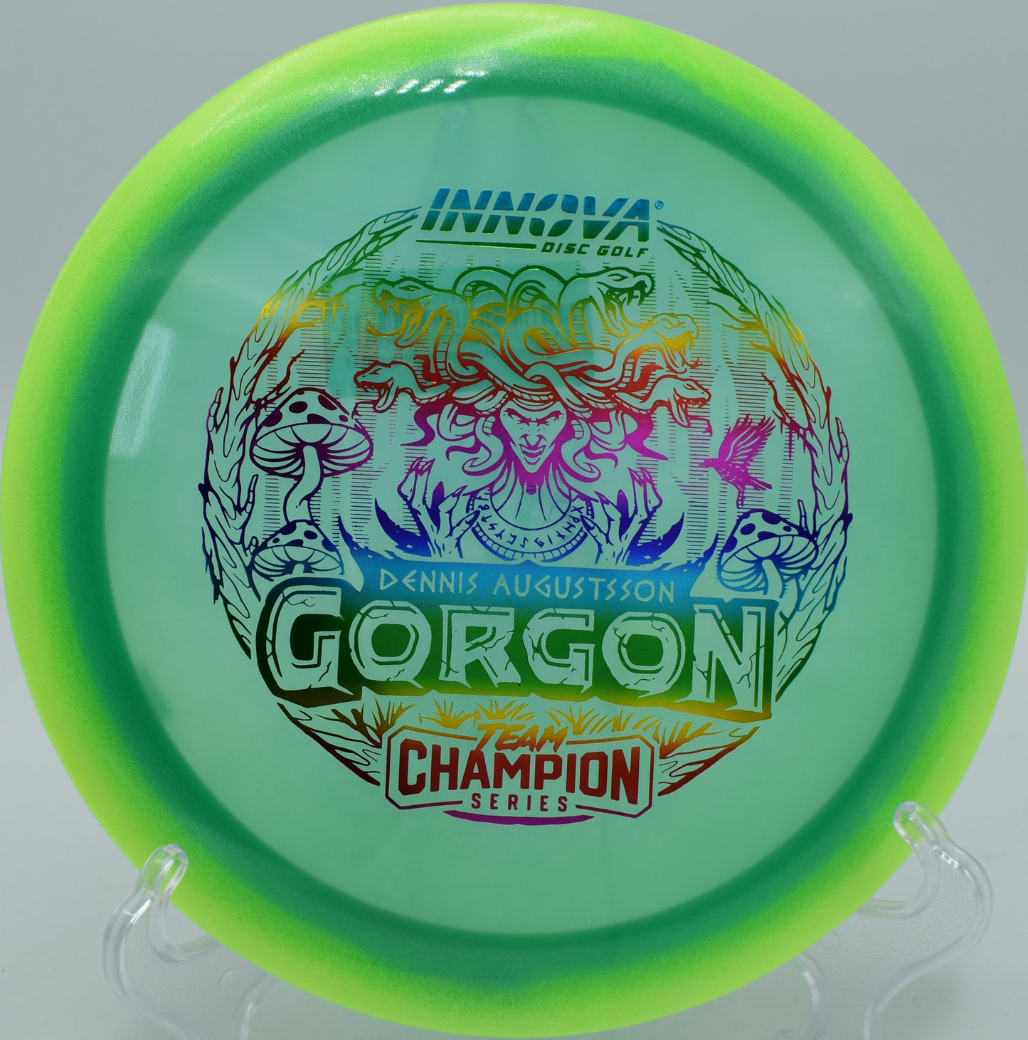 "Innova Proto-Glow Champion Halo Gorgon, a straight-flying driver with reliable fade, now available in Jacksonville, FL."
