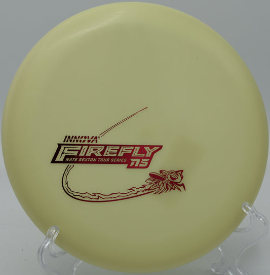 Beaded Firefly flying flat through a wooded gap at Idlewild DGC in Burlington, Kentucky

