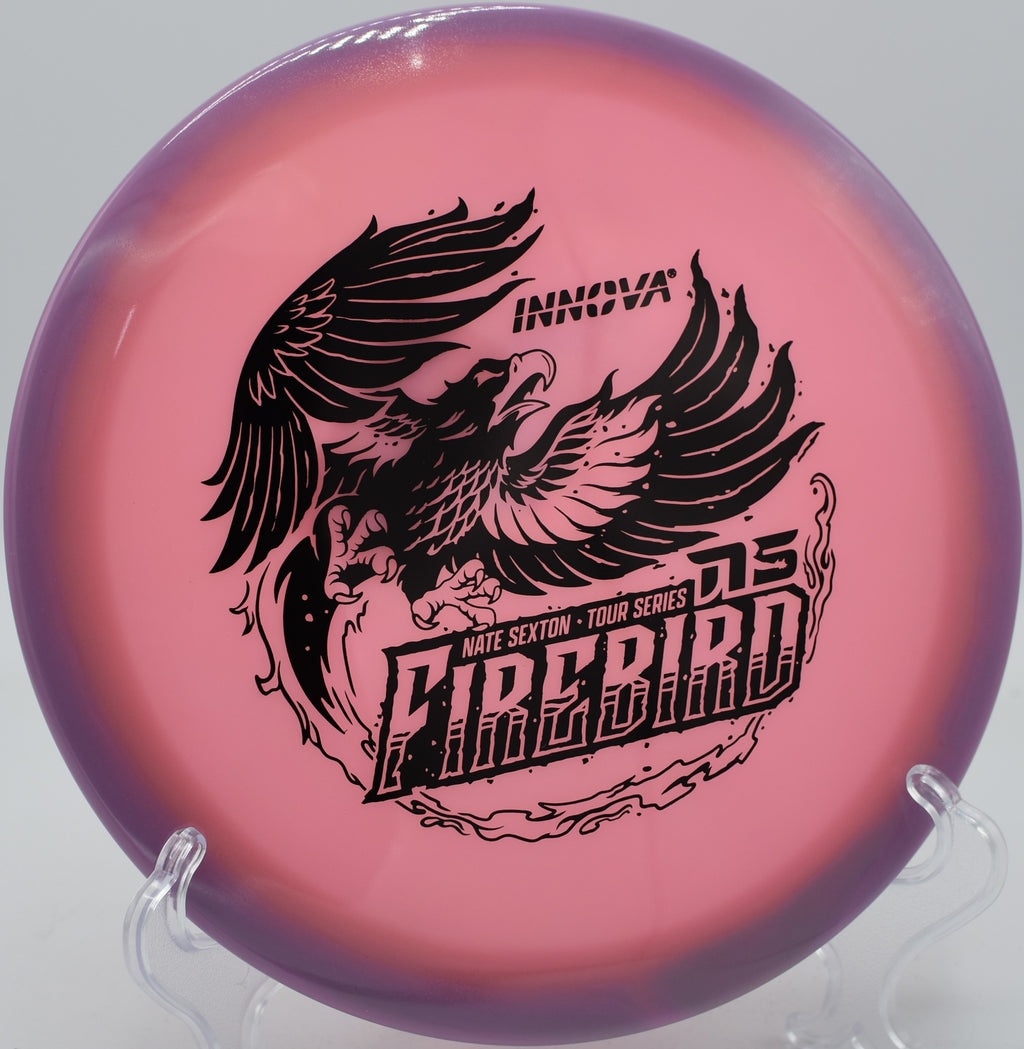2023 Glow Sexton Firebird parked under the basket after a low skip at Sunset Hills DGC in Pekin, Illinois.

