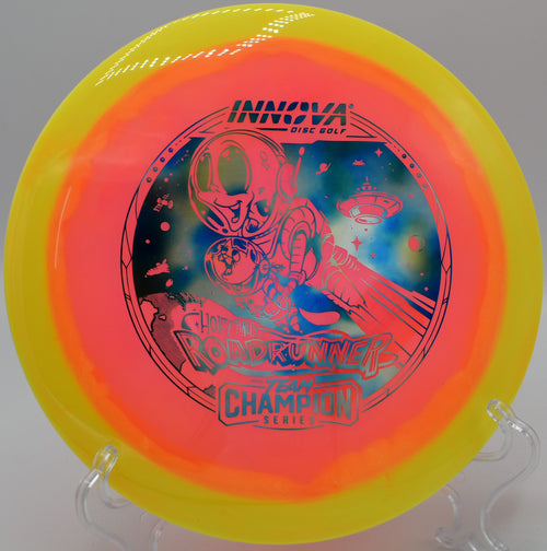 "Innova Halo Champion Roadrunner, an understable distance driver with exceptional glide, now at Flexline Discs."
