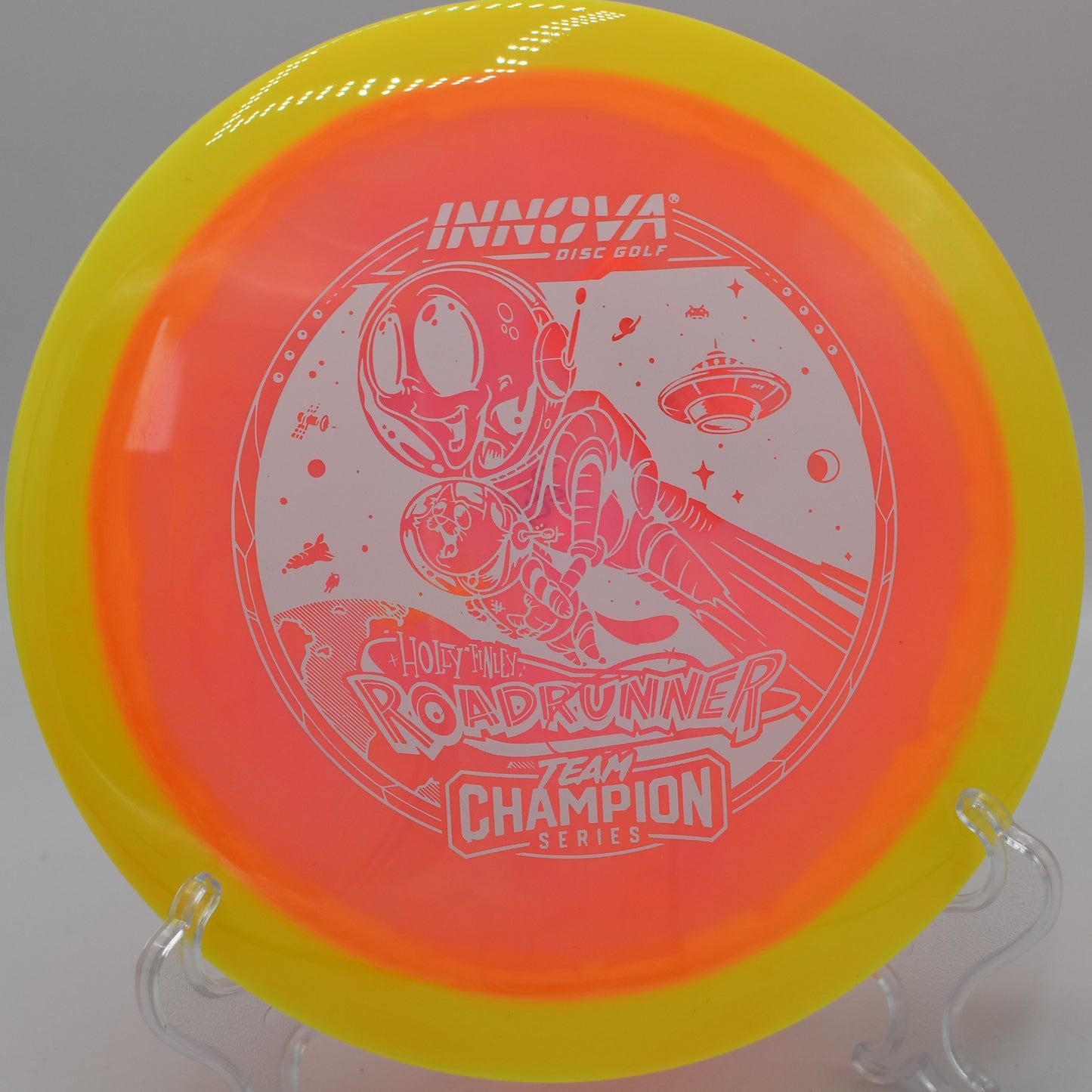 "Halo Champion Roadrunner, a finesse distance driver for controlled turnover shots, now in Austin, TX."
