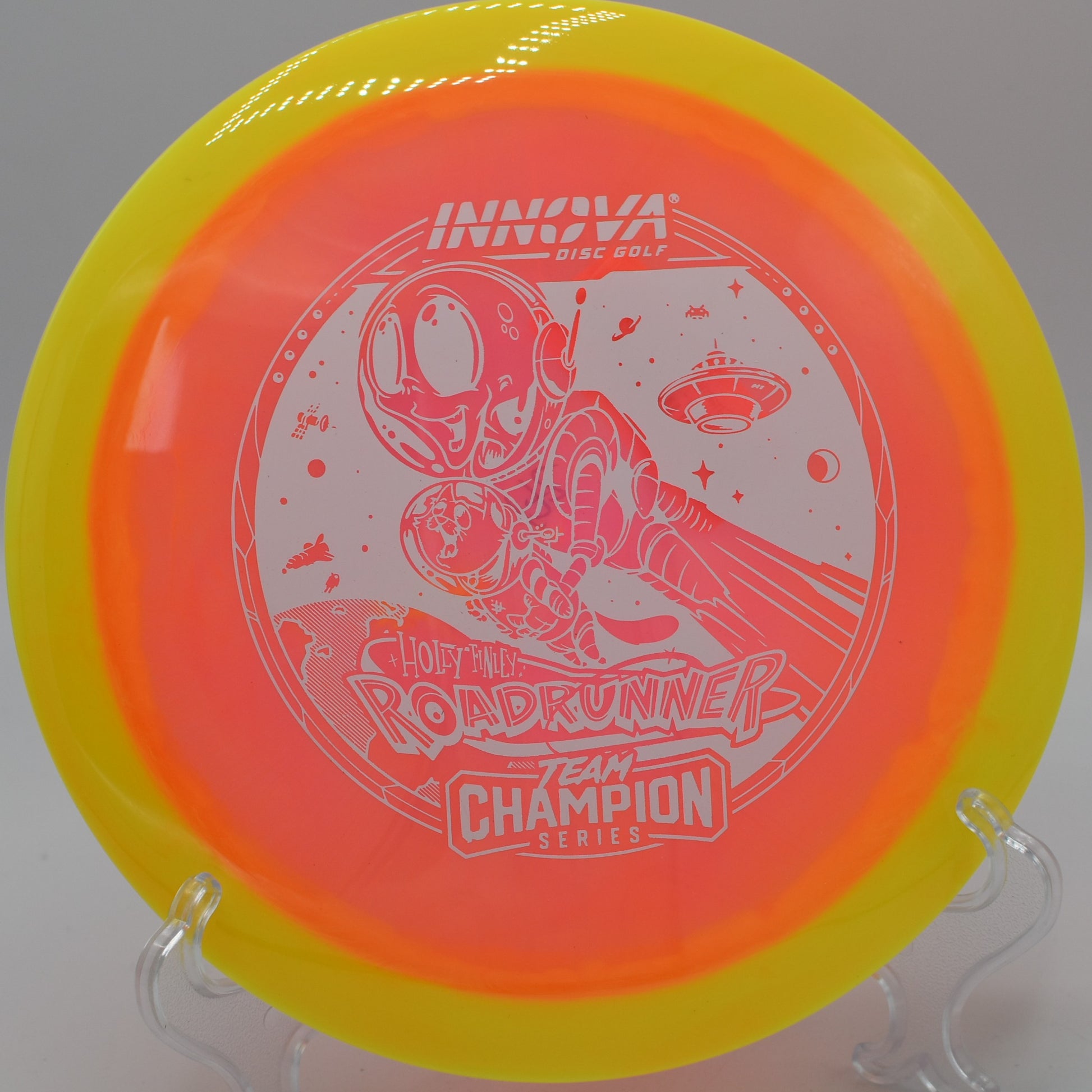 "Halo Champion Roadrunner, a finesse distance driver for controlled turnover shots, now in Austin, TX."
