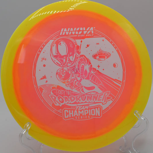 "Halo Champion Roadrunner, a finesse distance driver for controlled turnover shots, now in Austin, TX."
