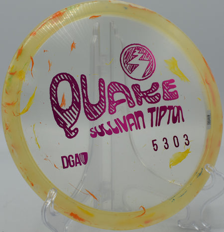 DGA Quake landing flat after a strong hyzer at Camp Sekani in Spokane, Washington.


