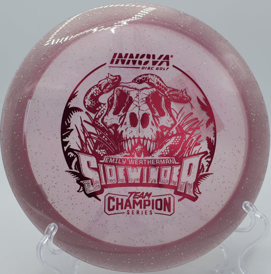 "Innova Moondust Sidewinder, an understable distance driver with high glide, now available at Flexline Discs."
