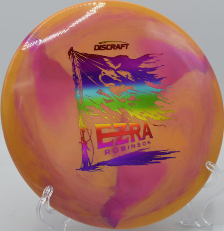 ESP Swirl Glide parked under the basket after a long glidey approach at Zephyrhills Disc Golf Course in Florida.

