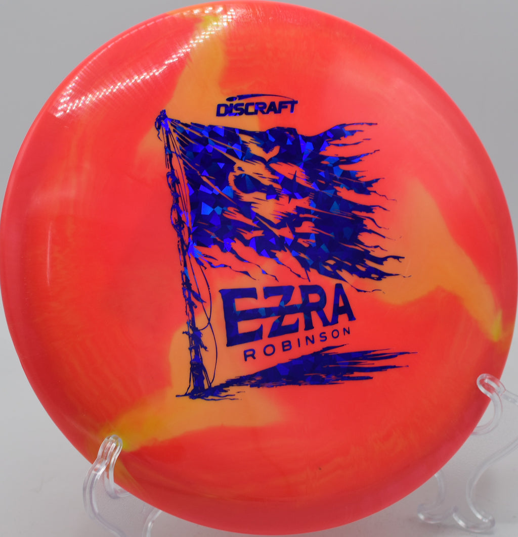 Colorful Discraft ESP Glide launching off the tee at Flip City in Shelby, Michigan.

