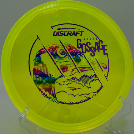 Player executing a low skip shot with a CryZtal Buzzz OS at Trophy Club Park in Texas.

