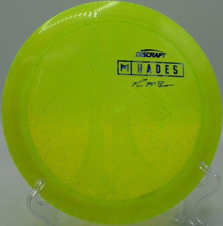 Discraft Z Sparkle Hades fading gently after a max-distance throw at Rock Ridge DGC in Pittsboro, North Carolina.

