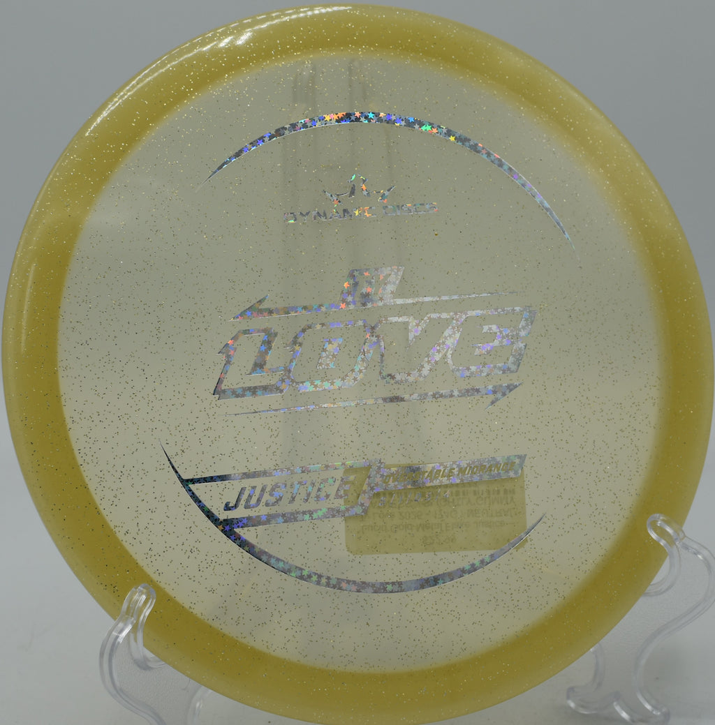 Tour Series Justice glowing with metallic flakes on a power hyzer at Rock Ridge DGC in Pittsboro, North Carolina.


